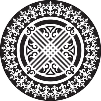 Vector monochrome Kazakh national ornament shanyrak. Yurt decoration. Ethnic pattern of nomadic peoples of the great steppe, Kirghiz, Kalmyks, Buryats, Mongols.