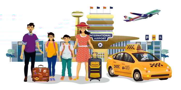 Family, father, mother and their children, brother and sister arrived to the airport on a taxi. vector