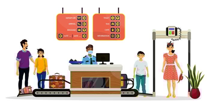 Cartoon illustration of airport inspection process. Vector concept of check equipment and people.