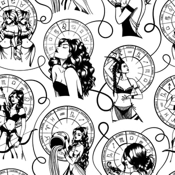 Seamless pattern with hand drawn monochrome arts of beautiful woman with astrological signs. vector