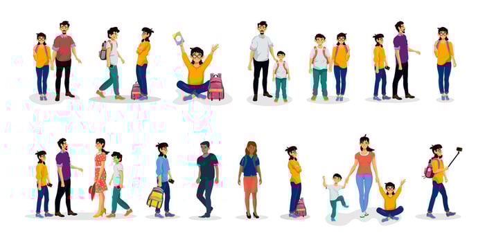 Collection of people and characters. Situations happy family. School children. Parents and children. vector