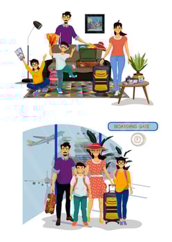 Illustration of happy family going to travel. Packing suitcases at home. Family in airport. vector