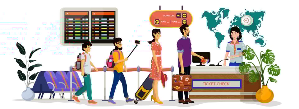 Vector cartoon illustration of woman stewardess who check tickets of passengers in an airport.