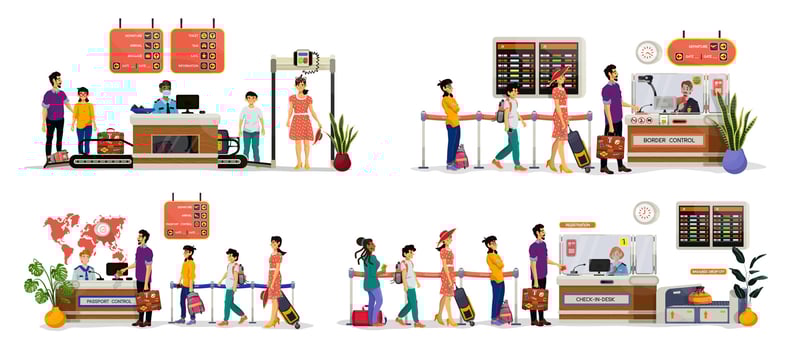 Set of vector flat illustrations of security, passport, border control desk and check-in-desk.