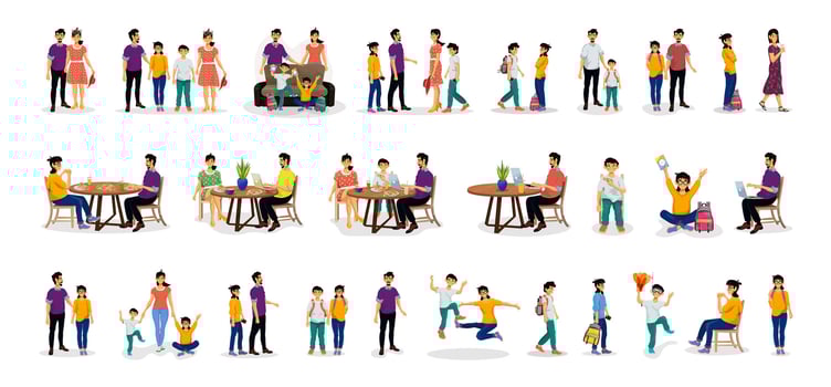 Collection of people and characters. Situations happy family. School children. Parents and children. vector