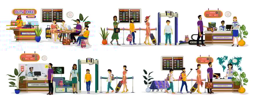 Collection of vector flat illustrations of duty free, security search, customs and ticket check.