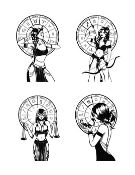 Hand drawn illustrations and silhouettes of monochrome arts of astrological signs and beauty women. vector
