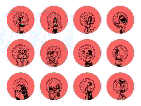 Set of monochrome symbols, icons with astrological signs and romantic beauty women. Zodiac symbols. vector