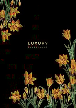 Luxury vintage poster with golden flowers. Vanilla orchid blossom frame on black background. Gold floral template vector