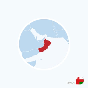 Map icon of Oman. Blue map of Europe with highlighted Middle East in red color. vector