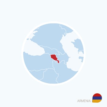 Map icon of Armenia. Blue map of Europe with highlighted Armenia in red color. vector