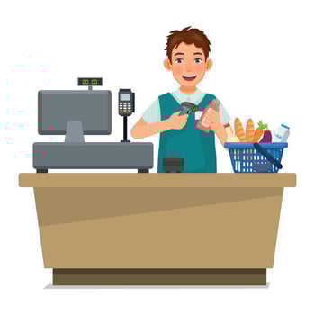 Young man cashier holding bar code scanner working at supermarket counter vector