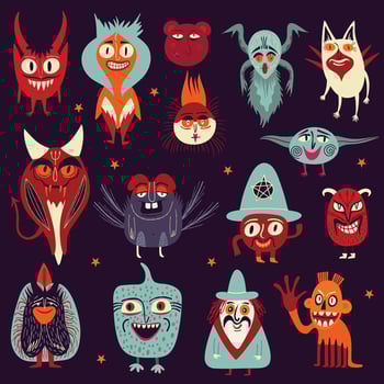 Vibrant Strange ugly Halloween characters. Cute bizarre comic characters in modern flat hand drawn style vector