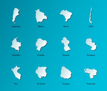 Vector illustration set with simplified maps of all South America states, countries Argentina, Brazil, Chile, Ecuador, Peru and others. Blue silhouettes, dark blue background. Alphabet order