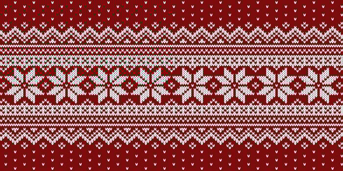 Christmas sweater knitted pattern, white ornament on red background. Vector design.