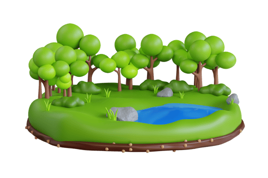 Forest scene with little pond 3d illustration. Pond surrounded by green grass in the middle of the forest png