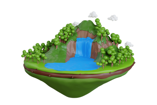 waterfall 3d illustration. 3d illustration of floating forest island with green grass, waterfall and mountain png