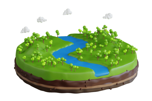 3d illustration of river in the woods. blue river among green meadows with trees png
