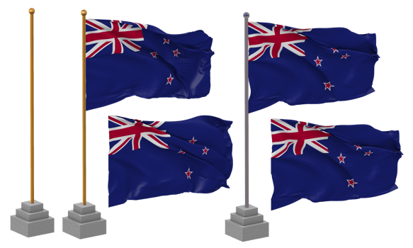 New Zealand Flag Waving Different Style With Stand Pole Isolated, 3D Rendering png