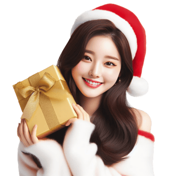 AI Generative beautiful woman wearing a Santa costume holding a gift box and smiling png