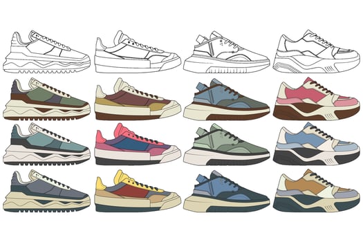 Set of sneakers illustration in colorful drawings, sneakers vector line art isolated, bundling shoe illustration template.