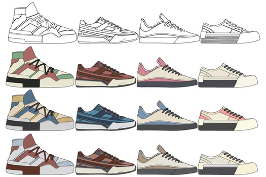 Set of sneakers illustration in colorful drawings, sneakers vector line art isolated, bundling shoe illustration template.