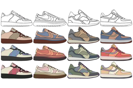 Set of sneakers illustration in colorful drawings, sneakers vector line art isolated, bundling shoe illustration template.