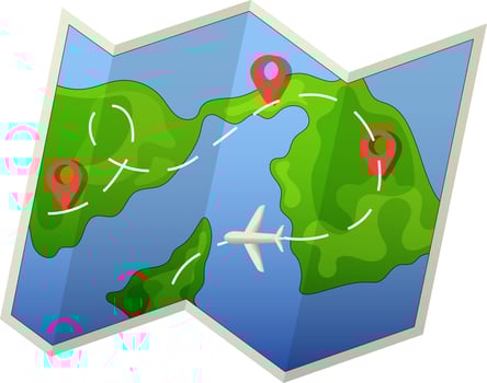 Airplane flies around paper map with location markings. Vector illustration, concept for travel and flights