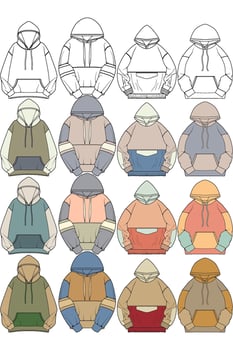Oversized hoodie technical fashion illustration with relaxed fit, long sleeves. Flat outwear jumper apparel template. Women, men, unisex sweatshirt top mockup vector