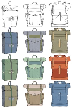 Hand drawn colorfull Vector Set of Backpacks. Cartoon Casual Backpack, cool backpack colorfull. Backpacks Vector illustration.