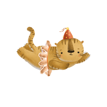 A red tiger in a bright and fluffy pink skirt and a pink clown hat is jumping. Circus children's show. Funny cartoon animal in flight. Cute isolated hand drawn illustration png