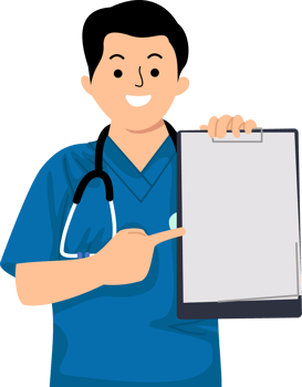 young man nurse with a stethoscope pointing at clipboard paper medical check up png