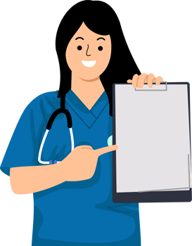 young woman nurse with a stethoscope pointing at clipboard paper medical check up png