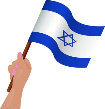 Hand holding and raising the national flag of Israel. Vector illustration.