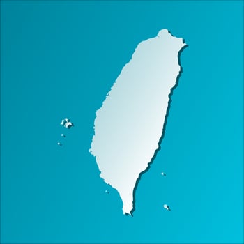 Vector isolated illustration icon with light blue silhouette of simplified map of Taiwan, Republic of China. Bright blue background with shadow