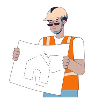 Black man contractor with blueprint 2D linear cartoon character. African american male house builder isolated line vector person white background. New home construction color flat spot illustration