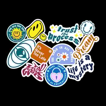 Sticker set Cute vector template decorated with cartoon image and aesthetic quotes graphic design