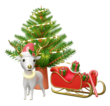 3d reindeer with sleigh, pine tree, gift box, hat isolated. merry christmas and happy new year, 3d render illustration png