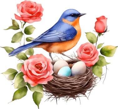 A painting of a Bird hatching eggs in a nest made from flowers. AI-Generated. png