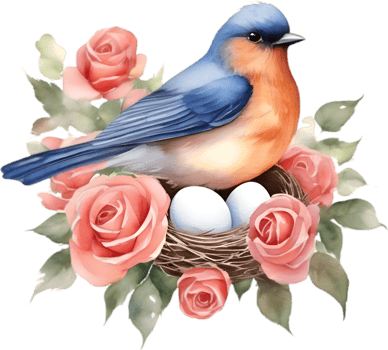 A painting of a Bird hatching eggs in a nest made from flowers. AI-Generated. png