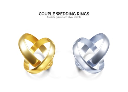 Couple of silver or platinum wedding rings. 3d golden jewelry object. Vector illustration