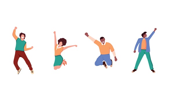 Flat design illustration of celebrating people high jump on the sky, blue, orange, and green colors, male and female happy, element design for graduation or success for new company or start up vector