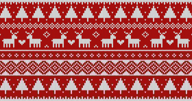 Christmas sweater knitted pattern with deer and trees. White ornament on red background. Vector design.