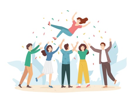 Cartoon Color Characters Tossing Air People Group Team Success or Achievement Concept Flat Design Style. Vector illustration