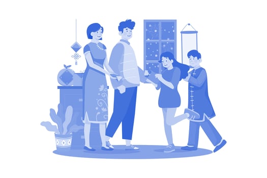 Children Receive Red Envelopes Symbolizing Good Luck From Parents. vector