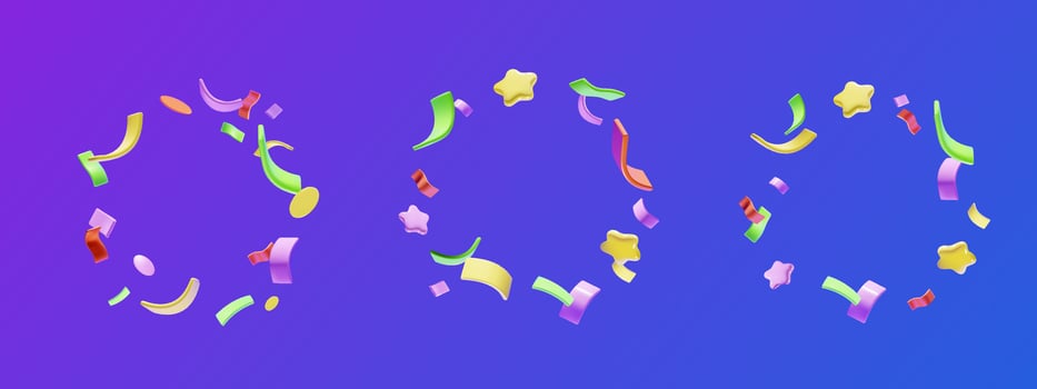 Set of 3D vector confetti frames with space for text.