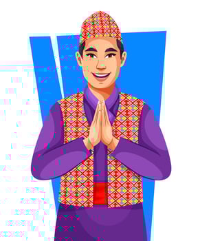A Nepali Handsome man wearing a Traditional Nepali cloth and cap, Showing Namaste or a welcome gesture vector