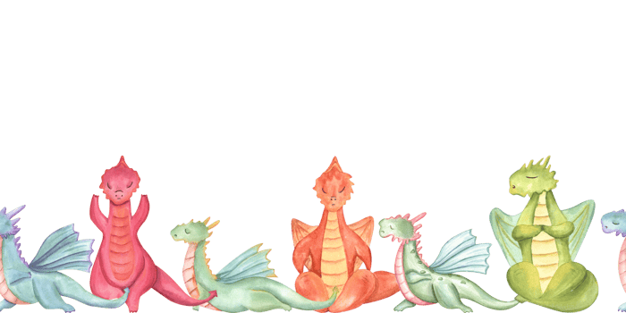 Dragons in various poses of yoga. Seamless banner. Animal meditation. Colored Dragons practicing fitness exercises. Horizontal board. Watercolor illustration for yoga center, package, label png