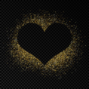 Heart shape frame with golden glitter on dark background. Greeting card with empty dark background. Vector illustration.