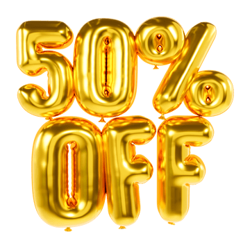 Sale tag 50 percent off. Gold letters in balloon style. 3D letters png